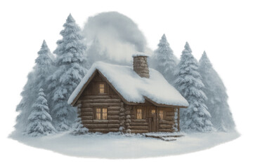 Naklejka premium Log cabin in winter forest, smoke rising from chimney, cozy rustic cottage covered in snow illustration with transparent background