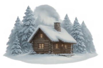 Log cabin in winter forest, smoke rising from chimney, cozy rustic cottage covered in snow illustration with transparent background