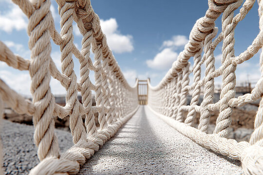 Fototapeta Modern rope bridge technology connects nature and landscape over serene river at foggy morning