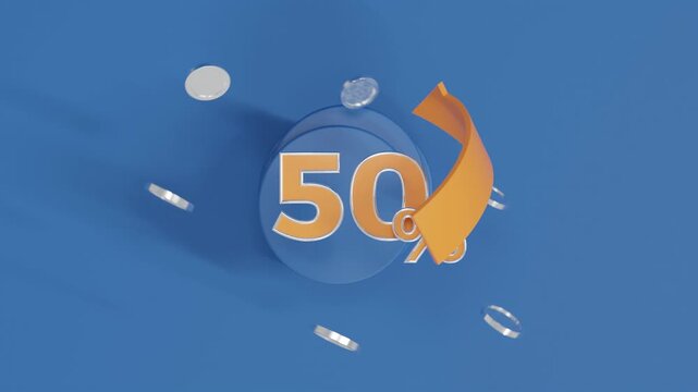 50 Percent Discount with Orange Arrow and Flying Silver Coins Top View