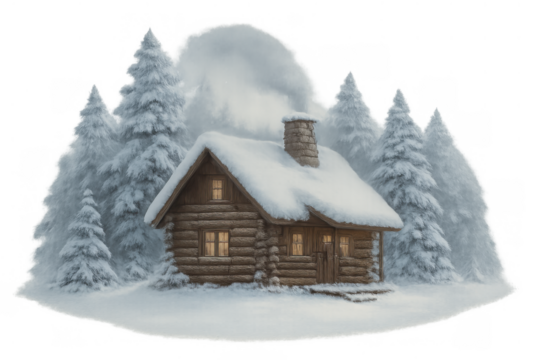 Log cabin in winter forest, smoke rising from chimney, cozy rustic cottage covered in snow illustration with transparent background