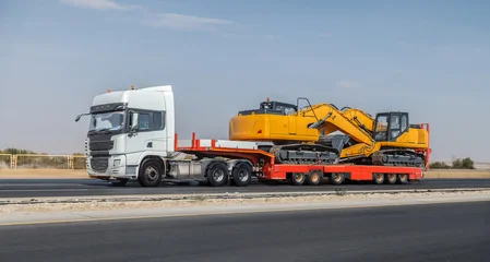 Fotobehang Vrachtwagen Large truck is pulling a trailer with a yellow and black machine on it  © kvdkz