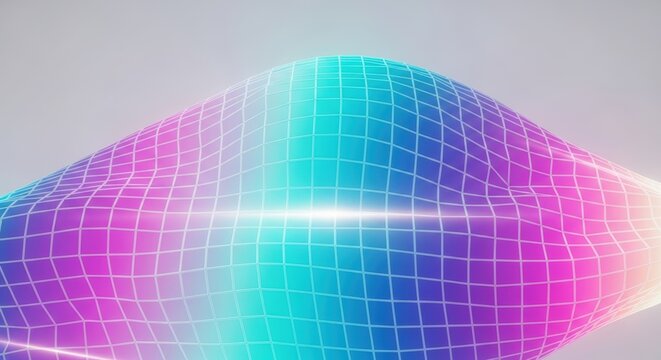 Vibrant digital landscape of a glowing wireframe grid with a bright central light flare.