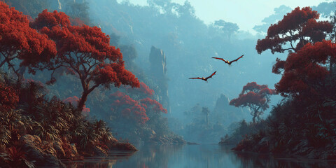 Fototapeta premium Prehistoric forest with dinosaurs and pterodactyls over lush vegetation and mountains