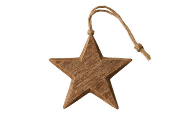 Wooden Christmas star ornament with rustic textured surface, twine hanger, isolated on clean white background
