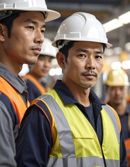 A group of construction workers in safety gear and hard hats stare at the camera, inside a factory or warehouse