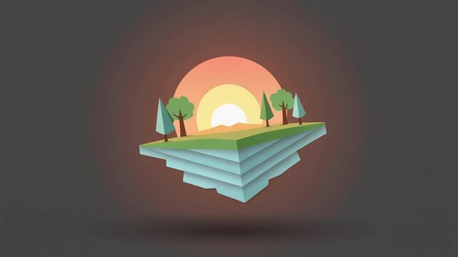 Floating island with trees and sunrise, stylized low-poly landscape