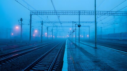 Train tracks extend into thick blue fog at a dimly lit station platform