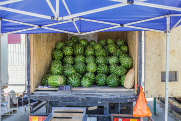 Truck full of watermelons is sitting outside under a blue tent