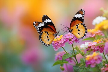 Obraz premium Vibrant butterflies perched on colorful flowers in a serene garden during a sunny day in spring