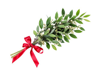 Realistic mistletoe sprig with green leaves and white berries, tied with red ribbon, isolated on white background, Christmas romance feel.