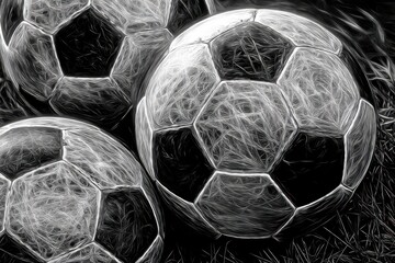 Black and white abstract art showcasing soccer balls resting on grass under soft lighting, emphasizing shapes and textures of the sport in an artistic manner
