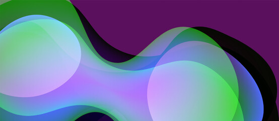 Abstract fluid shapes overlap, creating vibrant color gradients. Purple, green, blue hues blend seamlessly. Modern design element.