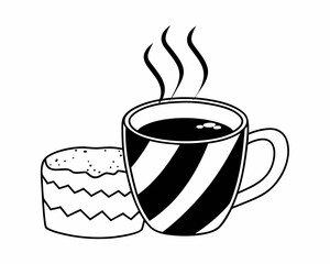 A cup of hot coffee and a cake