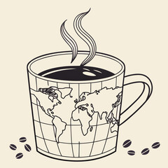 A cup of coffee with world map