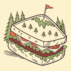 A delightful sandwich with a flag on top, surrounded by pine trees