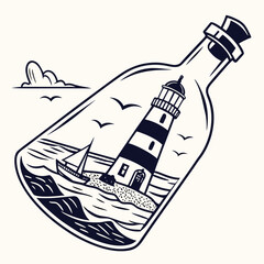 A lighthouse and sailboat inside a glass bottle