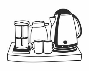 Electric kettle and coffee maker on a tray