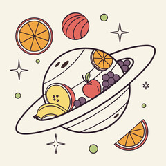 Fruit planet with rings, a cosmic fruit salad