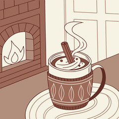 Hot chocolate with cinnamon stick by the fireplace on a cold winter day
