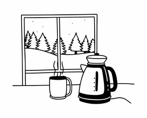 Illustration of a kettle and mug by a window