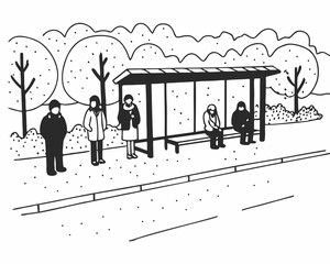Illustration of people waiting at a bus stop