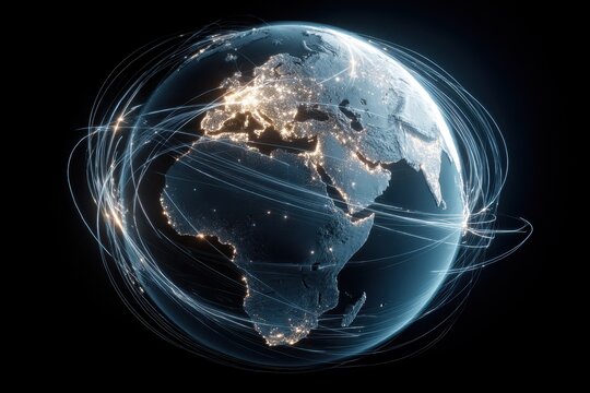 Rotating planet illuminated by neon lines showcasing connections across continents during nighttime