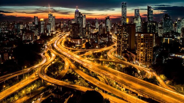 Twilight cityscape with sinuous highway loops threading through towers, creating hypnotic motion for transportation, planning, and smart city concepts in high‑impact promos and explainers.