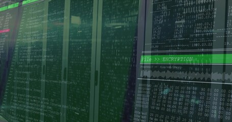 Displaying encryption interface window at server aisle, with cabinets and code overlay, copy space