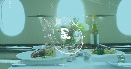 Projecting hologram featuring pound symbol over private jet table, with gourmet plates