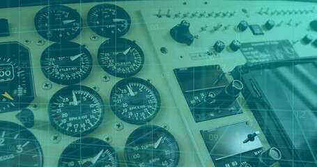 Showing cockpit instrument panel featuring RPM gauges, toggles and switches, with teal grid overlay