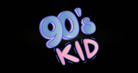 Displaying stylized bubble-letter 90's KID text on digital black background, pastel retro nostalgia