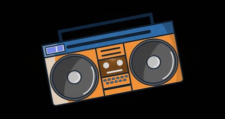 Hovering retro boombox against black backdrop, with dual speakers, cassette deck, folding handle