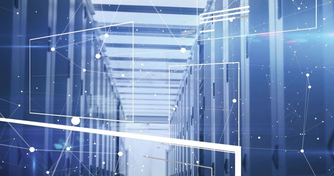 Revealing data center corridor displaying server racks under abstract network node graphics