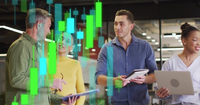 Reviewing holographic charts on tablet four analysts in business shirts standing in open office - Powered by Adobe