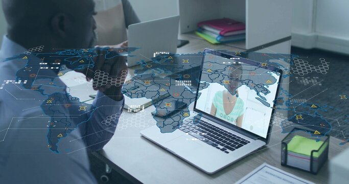 Resting chin man wearing shirt watching remote call on laptop with binders in office, copy space