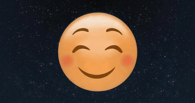 Floating circular peach-colored smiling face emoji gliding in dark star-filled sky, with tiny stars - Powered by Adobe