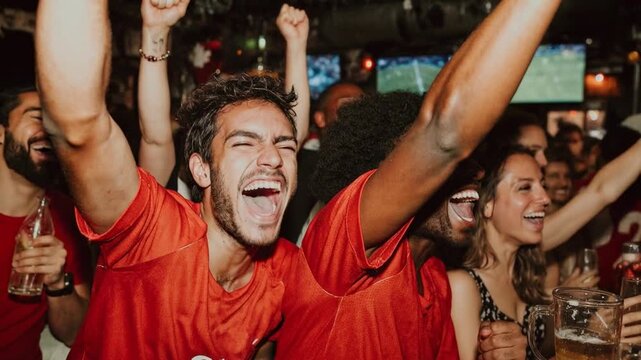 Fans explode with celebration in a packed sports bar, ecstatic faces and waving arms capturing peak emotion for victory moments, live events, and energetic brand hype reels.