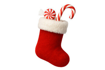 Classic red Christmas stocking with white fluffy trim and candy peeking out, isolated on white PNG background.