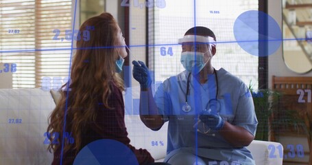 Nurse in scrubs collecting nasal swab sample from patient on home sofa, showing data overlays