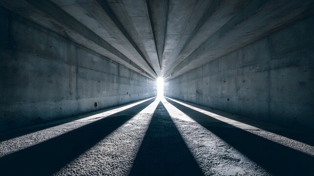 Strong directional light streams through a concrete tunnel creating dramatic, elongated shadows on the ground - Powered by Adobe