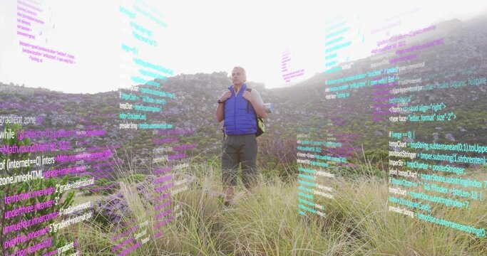 Exploring man in puffer vest with backpack on meadow with purple wildflowers, with floating code - Powered by Adobe