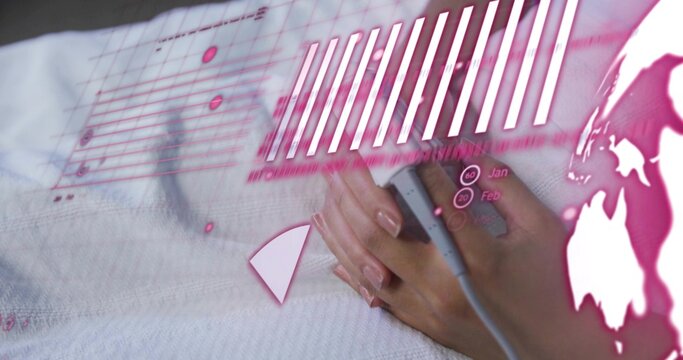 Resting patient wearing pulse oximeter clip on medical bed, with cable and pink data overlays - Powered by Adobe