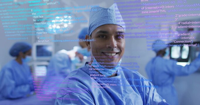 Standing Hispanic surgeon smiling at camera in operating room, blending code overlay with monitors