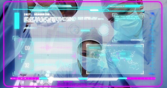 Leaning surgical team in scrubs analyzing holographic data in surgery room, with world map overlay