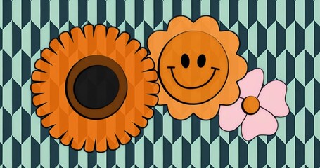Naklejka premium Showing three flowers on geometric pattern, with orange daisy, smiley flower, pink blossom