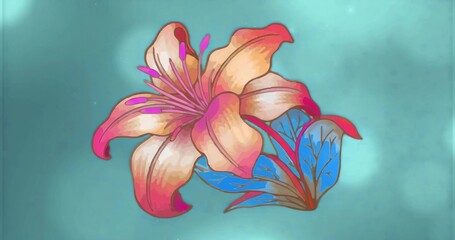 Displaying flower blossoming with magenta stamens and petals on teal backdrop with blue leaves