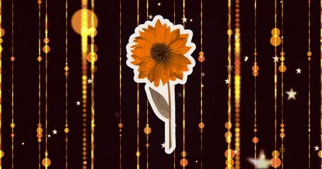 Orange daisy sticker glowing in digital art with maroon background, golden bokeh orbs, stars