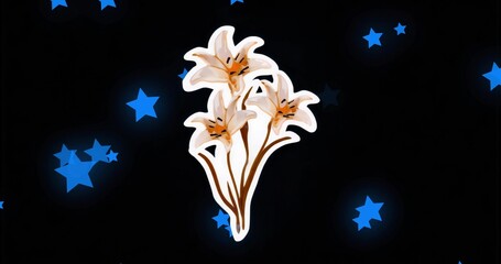 Fototapeta premium Displaying cluster of three white lilies with golden stems in black field, with glowing blue stars