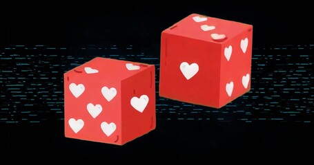 Floating two red dice displaying white heart symbols in abstract digital space, with glitch streaks